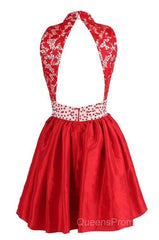 A-Line High Neck Knee Length Satin Homecoming Dress With Lace
