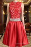 A-Line High Neck Knee Length Satin Homecoming Dress With Lace