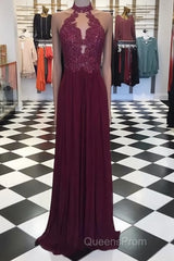 A Line High Neck Lace Long Evening Prom Dress, Lace Evening Dress