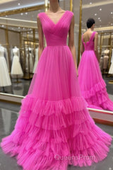 A line Illusion V Neck Layers Tulle Evening Prom Dress