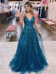 A Line Ink Blue Glitter Tulle Lace Prom Dress