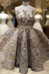 A-Line Jewel Sleeveless Short Evening Prom Dress With Lace Appliques