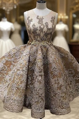 A-Line Jewel Sleeveless Short Evening Prom Dress With Lace Appliques