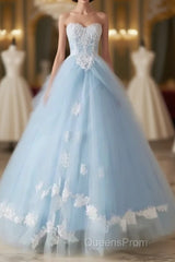 A-Line Lace Chicken Heart Collar Blue Long Ball Dress Sky Blue Evening Prom Dress