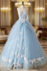 A-Line Lace Sweetheart Neck Blue Long Evening Prom Dress