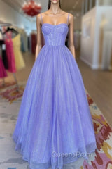 A-Line Lavender Shiny Tulle Evening Prom Dress, Long Spaghetti Strap Evening Dress