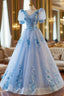 A-Line Light Blue Tulle With Lace Short Sleeves Evening Prom Dress, Tulle Sweet 16 Dress