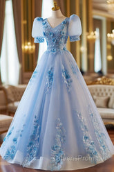 A-Line Light Blue Tulle With Lace Short Sleeves Evening Prom Dress, Tulle Sweet 16 Dress