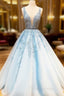 A Line Light Blue V Neck Lace Long Evening Prom Dress