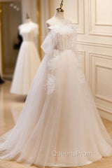 A-Line Light Champagne Long Evening Prom Dress, Light Champagne Lace Evening Dress