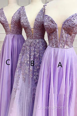 A-Line Long Lace Purple Evening Prom Dress V-Neck Lilac Party Dress
