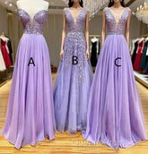 A-Line Long Lace Purple Evening Prom Dress V-Neck Lilac Party Dress