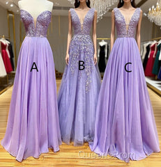 A-Line Long Lace Purple Evening Prom Dress V-Neck Lilac Party Dress