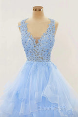 A-Line Long Layers Lace Evening Prom Dress Light Blue Beaded Appliques