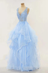 A-Line Long Layers Lace Evening Prom Dress Light Blue Beaded Appliques