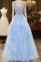 A-Line Long Layers Lace Evening Prom Dress Light Blue Beaded Appliques