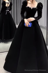 A Line Long Sleeves Black Velvet Prom Dresses