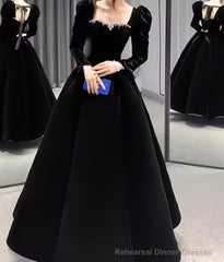 A Line Long Sleeves Black Velvet Prom Dresses