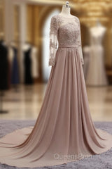 A Line Long Sleeves Lace Evening Prom Dress Chiffon Evening Gown
