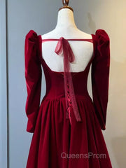 A Line Long Sleeves Red Velvet Evening Prom Dress