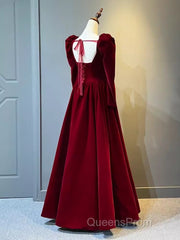 A Line Long Sleeves Red Velvet Evening Prom Dress