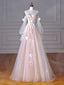 A-Line Long Sleeves Tulle Lace Champagne Long Classy Prom Dress, Champagne Long Classy Dress