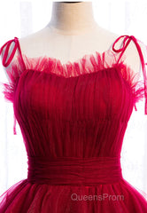 A-Line Long Spaghetti Strap Red Evening Prom Dress,Black Layers Tulle Evening Dress