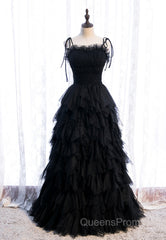 A-Line Long Spaghetti Strap Red Evening Prom Dress,Black Layers Tulle Evening Dress