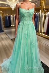 A Line Mint Green Lace Long Evening Prom Dress, Mint Green Lace Formal Graduation Evening Dress