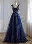 A-Line Navy Blue Tulle Beaded V-Neckline Party Dress, Navy Blue Shiny Tulle Classy Prom Dress