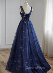 A-Line Navy Blue Tulle Beaded V-Neckline Party Dress, Navy Blue Shiny Tulle Evening Prom Dress