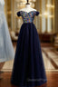 A-Line Navy Blue Tulle Sequins Off the Shoulder Evening Prom Dress