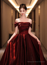 A-line Off Shoulder Beaded Wine Red Satin Prom Dress, Wine Red Party Dress