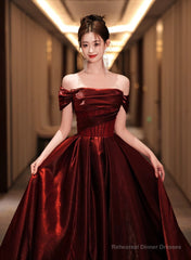 A-line Off Shoulder Beaded Wine Red Satin Prom Dress, Wine Red Party Dress