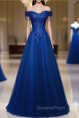 A-line Off Shoulder Blue Beaded and Lace Long Party Dress, Blue Evening Dress