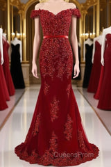 A Line Off Shoulder Burgundy Lace Evening Prom Dress, Burgundy Lace Formal Dress, Bridesmaid Dress