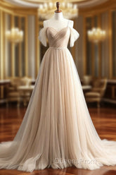 A-Line Off Shoulder Champagne Tulle Long Evening Prom Dress, Champagne Long Evening Dress