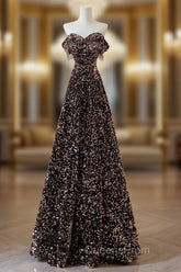 A-Line Off Shoulder Coffee Gold Sequin Long Evening Prom Dress, Coffee Gold Evening Dress