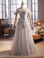 A-Line Off Shoulder Flower Tulle Gray Long Classy Prom Dress, Gray Classy Dress