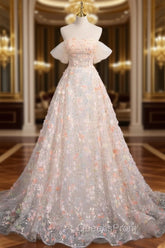 A-Line Off Shoulder Flowers Lace Evening Dress, Long Evening Prom Dress