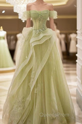 A-Line Off Shoulder Green Lace Long Evening Prom Dress, Green Formal Dress