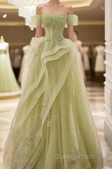 A-Line Off Shoulder Green Lace Long Evening Prom Dress, Green Formal Dress