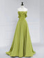 A-Line Off Shoulder Green Satin Long Classy Prom Dress, Green Long Classy Prom Dress