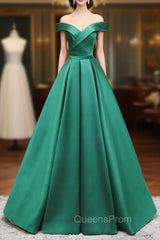 A-Line Off Shoulder Green Satin Long Evening Prom Dress, Green Evening Dress