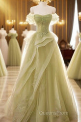 A Line Off Shoulder Green Tulle Long Evening Prom Dress