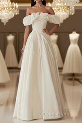 A-Line Off Shoulder Ivory Satin Long Evening Prom Dress, Ivory Long Formal Dress