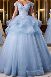 A-Line Off Shoulder Lace Tulle Blue Long Evening Prom Dress, Blue Sweet 16 Dress