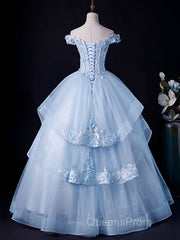 A-Line Off Shoulder Lace Tulle Blue Long Evening Prom Dress, Blue Sweet 16 Dress