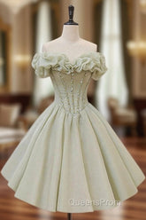 A-Line Off Shoulder Organza Green Short Evening Prom Dress,Cute Homecoming Dress with Beads