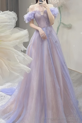 A-Line Off Shoulder Purple Tulle Long Prom Dress